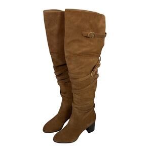 Sam Edelman Tan Suede OTK Boots 7 Leather Heel Wrap Strap Tall Zip Buckle‎